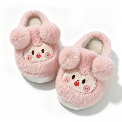 Cute pink sheep plush slippers with round fluffy ears and embroidered face patch, fuzzy indoor shoes with EVA sole