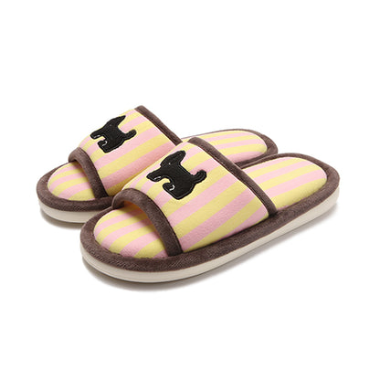 Cute pink striped dog design slippers with black dog silhouette and brown trim, indoor shoes with EVA sole