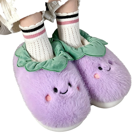 Cute purple eggplant plush slippers with ruffled green top and smiley face, fuzzy indoor shoes with EVA sole