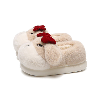 Cute red dog plush slippers with floppy ears, closed eyes, and removable red bow, fuzzy indoor shoes with EVA sole