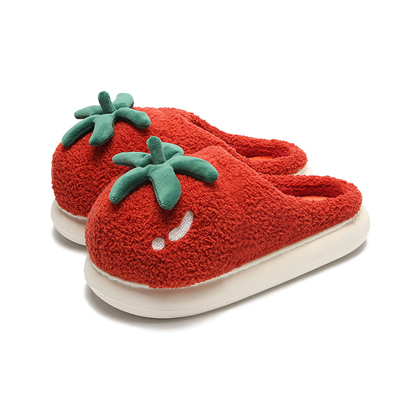 Cute red tomato plush slippers with green leaves and smiley face, fuzzy textured indoor shoes with EVA sole