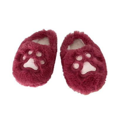 Cute rose red paw print plush slippers with 3D paw design, fuzzy faux fur indoor shoes with PVC sole