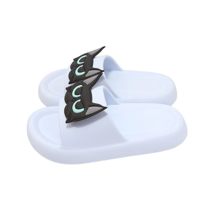 Cute sky blue EVA cat face slide sandals with 3D blue eyes, summer slippers for indoor and outdoor
