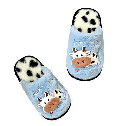 Cute sky blue cow print plush slippers with cow spot footbed and cartoon patch, indoor shoes with PVC sole