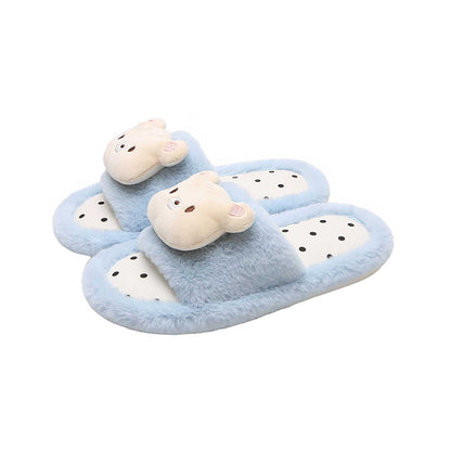 Cute sky blue fuzzy slide slippers with 3D bear charm and polka dot footbed, indoor shoes with EVA sole