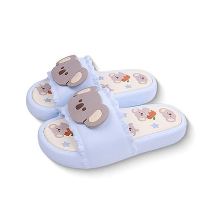 Cute sky blue koala print EVA slide sandals with 3D koala face, ruffled trim, and star print footbed, all-EVA indoor slip-on shoes