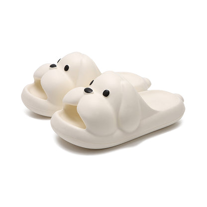 Cute white 3D dog EVA slide sandals with big nose and floppy ears, lightweight indoor slip-on shoes