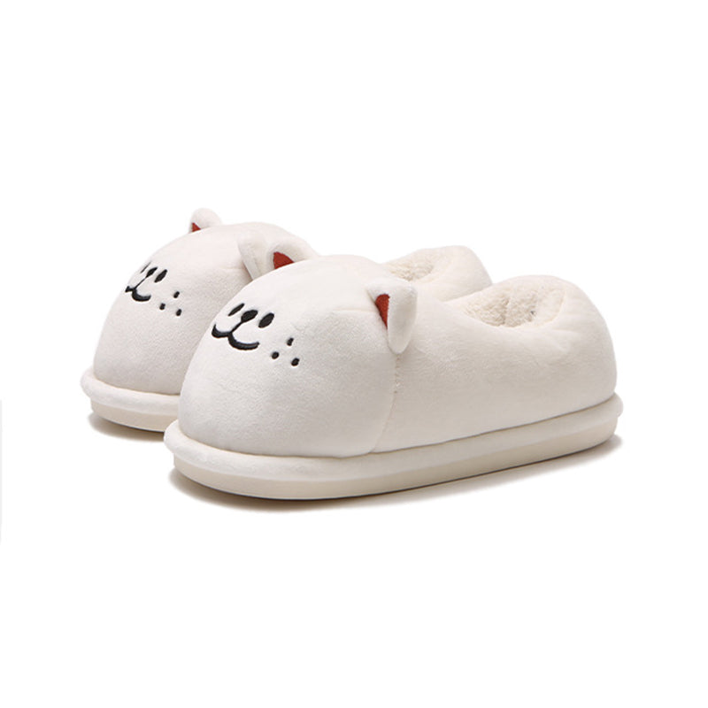 Cute white Shiba Inu dog face bootie slippers with 3D ears and embroidered face, fuzzy indoor shoes with PVC sole