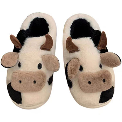 Cute white and black cow plush slide slippers with brown horns and big nose, fuzzy indoor shoes with TPR sole