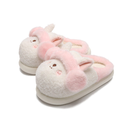Cute white and pink bunny plush slippers with fuzzy earmuffs and pink blush cheeks, indoor shoes with EVA sole