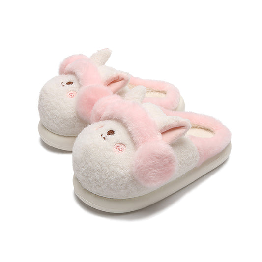 Cute white and pink bunny plush slippers with fuzzy earmuffs and pink blush cheeks, indoor shoes with EVA sole