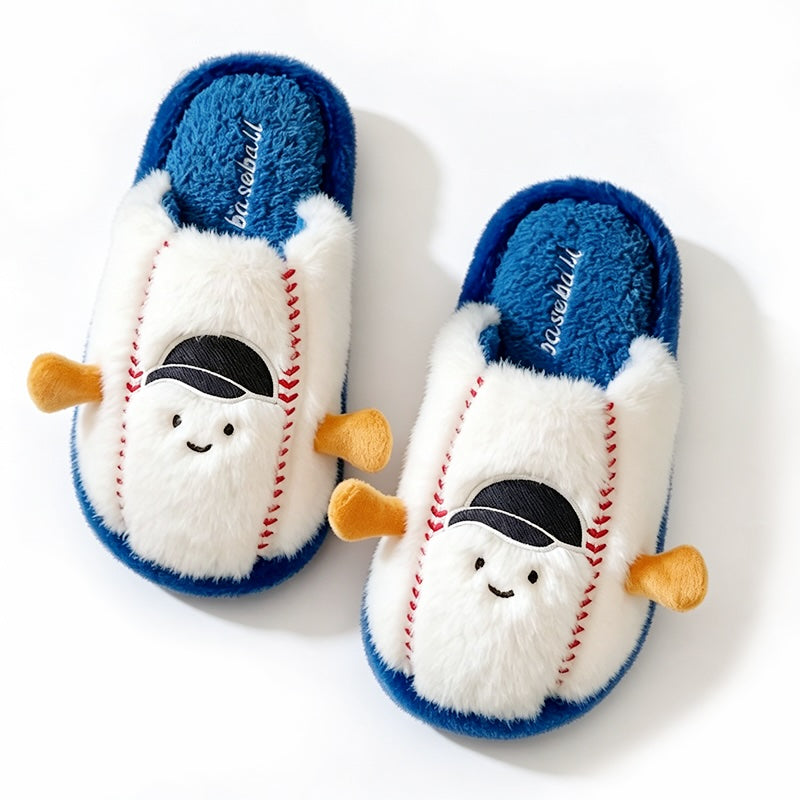 Cute white baseball character plush slippers with red stitches, black cap, and blue trim, fuzzy indoor shoes with EVA sole