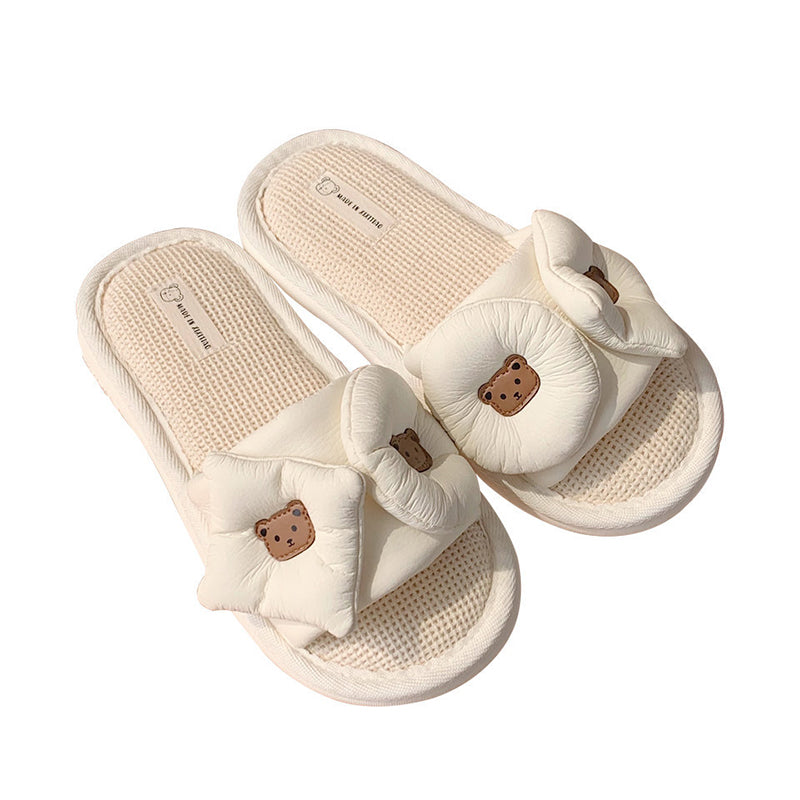 Cute white bear puff slippers with bow design and brown bear face, PU and fabric indoor shoes with PVC sole