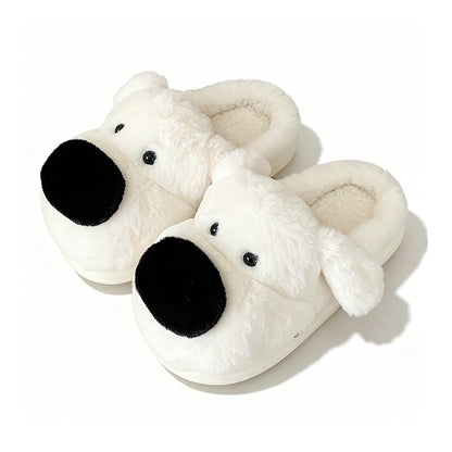 Cute white big nose dog plush slippers with black dot eyes and floppy ears, closed-back fuzzy indoor shoes with EVA sole