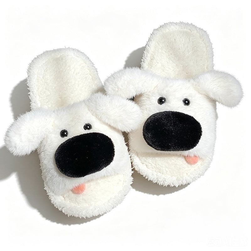 Cute white big nose dog plush slippers with black nose, open mouth, and pink tongue, warm indoor shoes with PVC sole