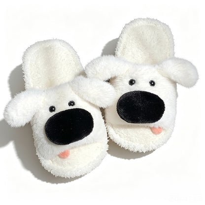 Cute white big nose dog plush slippers with black nose, open mouth, and pink tongue, warm indoor shoes with PVC sole