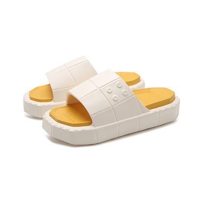 Cute white building block EVA slide sandals with blue footbed and red sole, lightweight color-block indoor shoes
