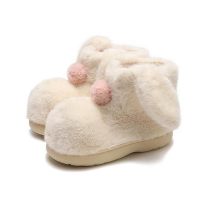 Cute white bunny bootie slippers with long fuzzy ears and white pom-pom, warm indoor shoes with TPR sole