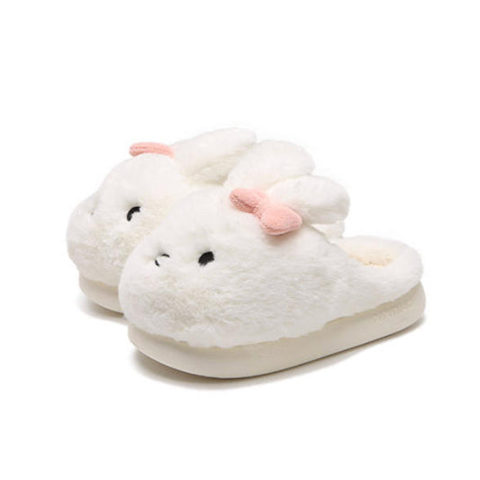Cute white bunny plush slide slippers with pink bow and floppy ears, fuzzy indoor shoes with EVA sole