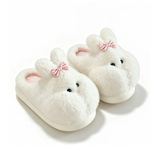 Cute white bunny plush slippers with bow on ear and black dot eyes, closed-back fuzzy indoor shoes with EVA sole