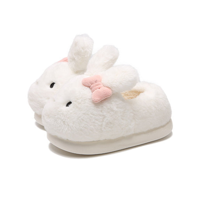 Cute white bunny plush slippers with pink bow and floppy ears, closed-back fuzzy indoor shoes with EVA sole