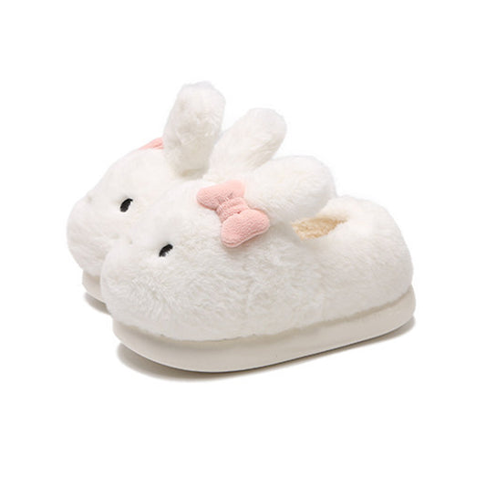 Cute white bunny plush slippers with pink bow and floppy ears, closed-back fuzzy indoor shoes with EVA sole