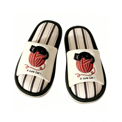 Cute white cat and yarn embroidery slippers with red yarn and striped footbed, flat indoor shoes with PVC sole