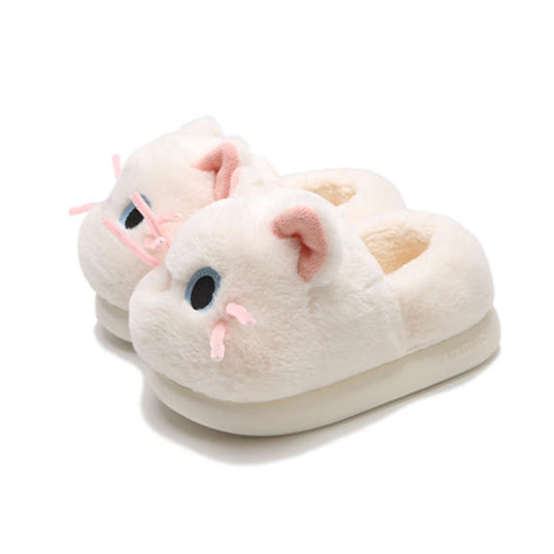 Cute white cat plush slippers with pink ears, blue eyes, and pink whiskers, closed-back fuzzy indoor shoes with EVA sole