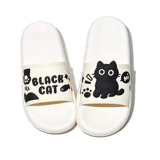 Cute white cat print EVA slide sandals with "Hi" bubble and text, all-EVA slip-on shoes for indoor and outdoor