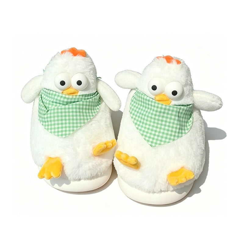 Cute white chicken plush slippers with green plaid scarf, big eyes, and orange details, fuzzy faux fur indoor shoes with EVA sole