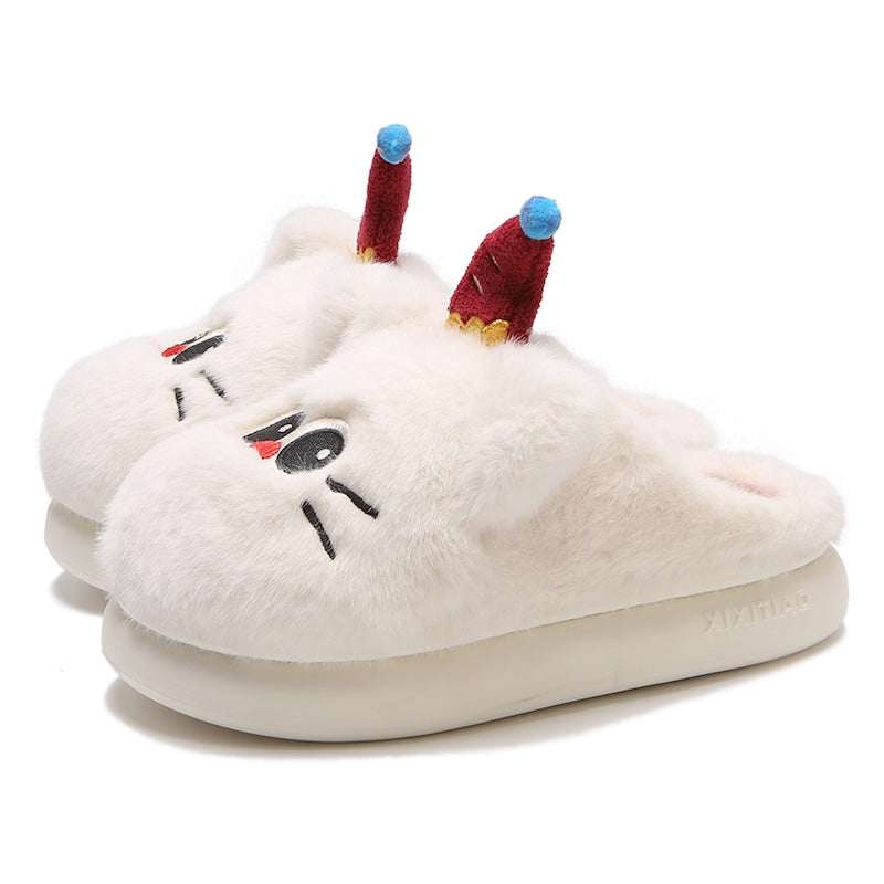Cute white clown cat plush slippers with red hat, blue pom-pom, and red nose, fuzzy indoor shoes