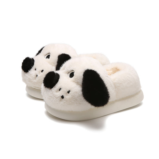 Cute white dog plush slippers with black floppy ears and black nose, closed-back fuzzy indoor shoes with EVA sole