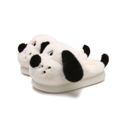 Cute white dog plush slippers with black floppy ears, black nose, and tail, fuzzy indoor shoes with EVA sole