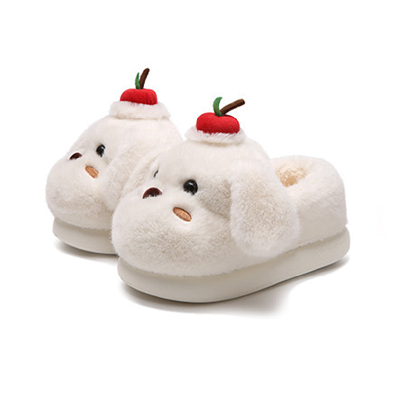 Cute white dog plush slippers with floppy ears and apple topper, fuzzy indoor shoes with EVA sole