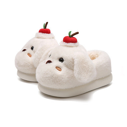 Cute white dog plush slippers with floppy ears and apple topper, fuzzy indoor shoes with EVA sole