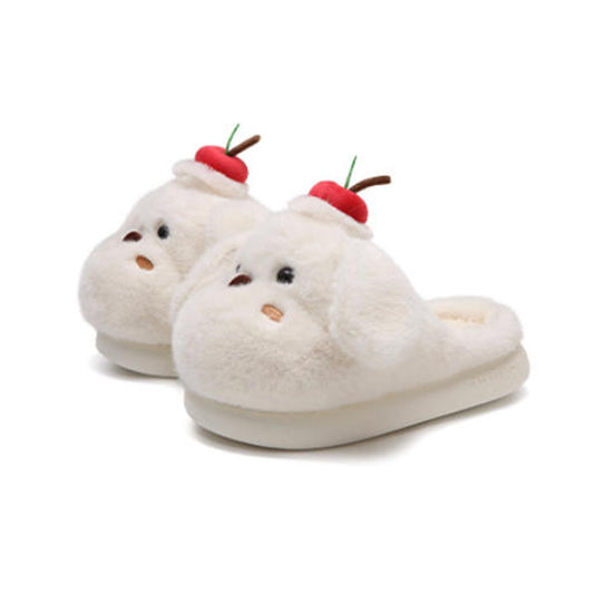 Cute white dog plush slippers with floppy ears and apple topper, fuzzy indoor shoes with EVA sole
