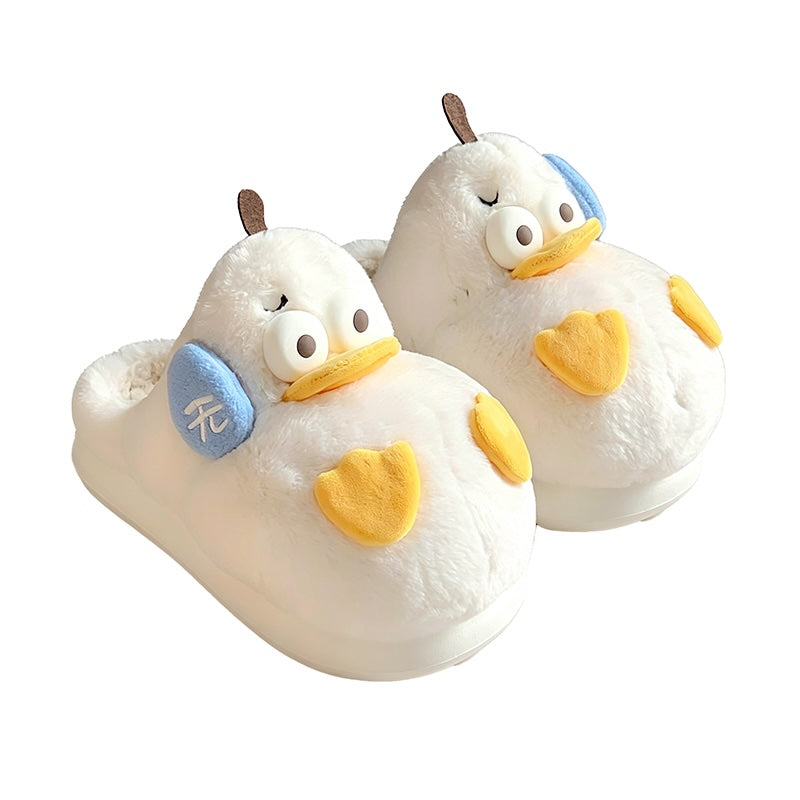 Cute white duck plush slippers with orange beak and asymmetrical cheek patches, indoor shoes with EVA sole