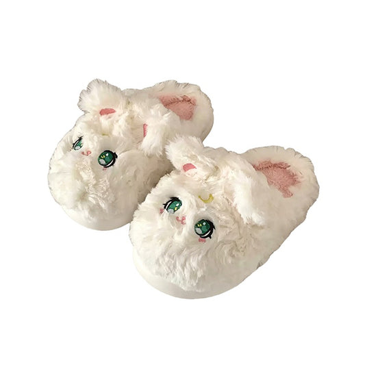 Cute white fluffy cat plush slippers with green eyes and pink nose, fuzzy indoor shoes with EVA sole