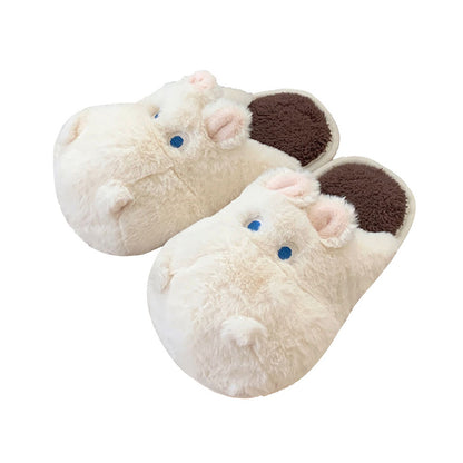 Cute white hippo plush slippers with blue eyes and round nose, closed-back fuzzy indoor shoes with PVC sole