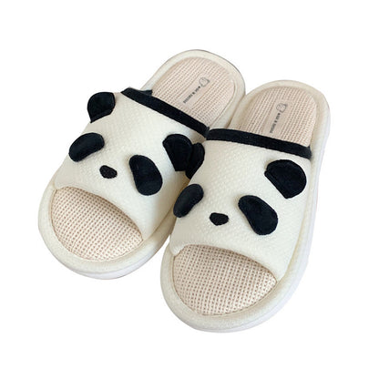 Cute white panda face linen slippers with black ears and eyes, breathable fabric indoor shoes with PVC sole