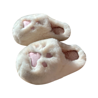 Cute white paw print plush slippers with 3D paw design, fuzzy faux fur indoor shoes with PVC sole