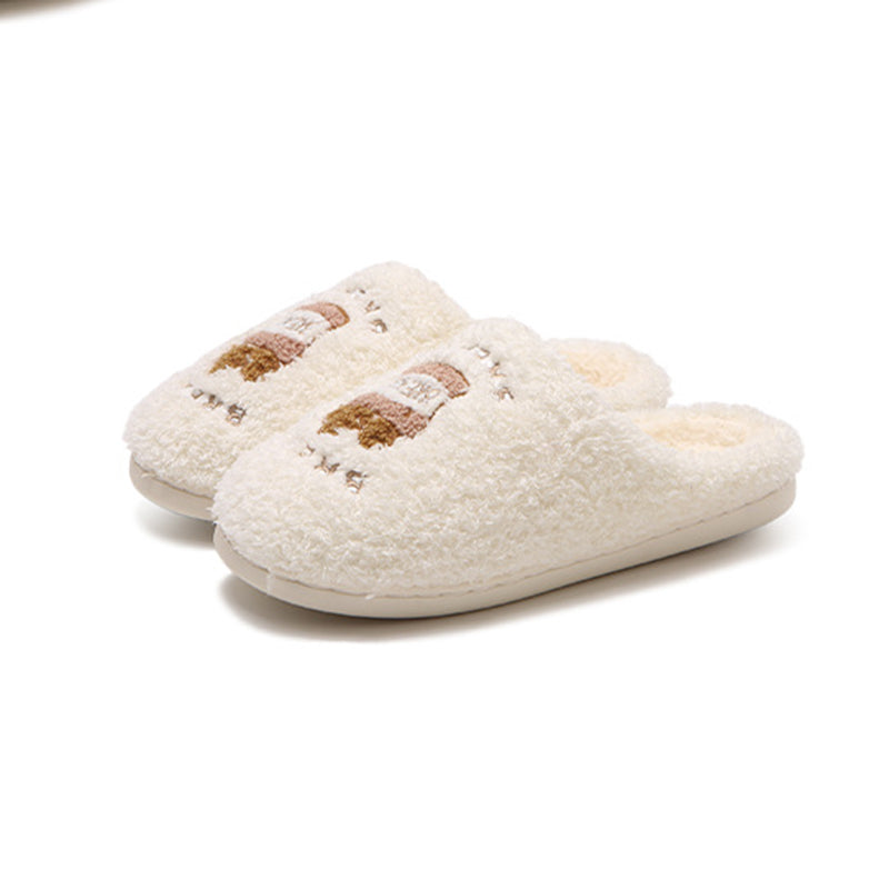 Cute white plush slippers with embroidered baguette patch, fuzzy indoor shoes with EVA sole