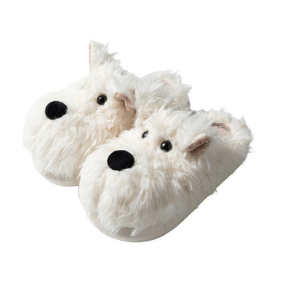 Cute white shaggy dog plush slippers with large black nose and dot eyes, fuzzy indoor shoes with EVA sole