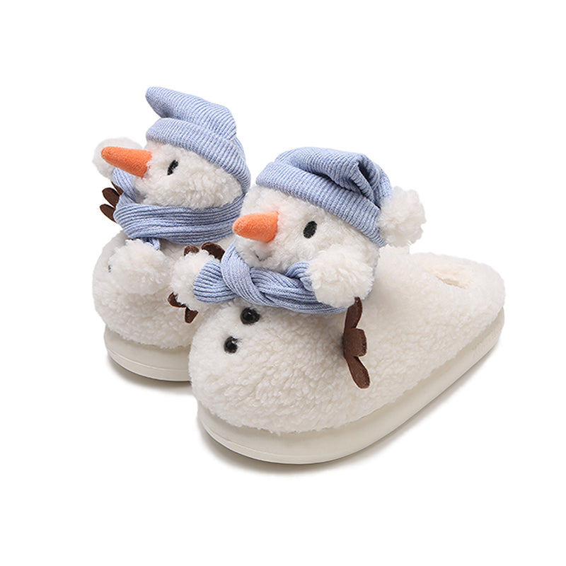 Cute white snowman plush slippers with blue knit hat, scarf, and carrot nose, closed-back fuzzy indoor shoes with EVA sole