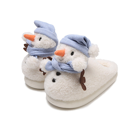 Cute white snowman plush slippers with blue knit hat, scarf, and carrot nose, closed-back fuzzy indoor shoes with EVA sole