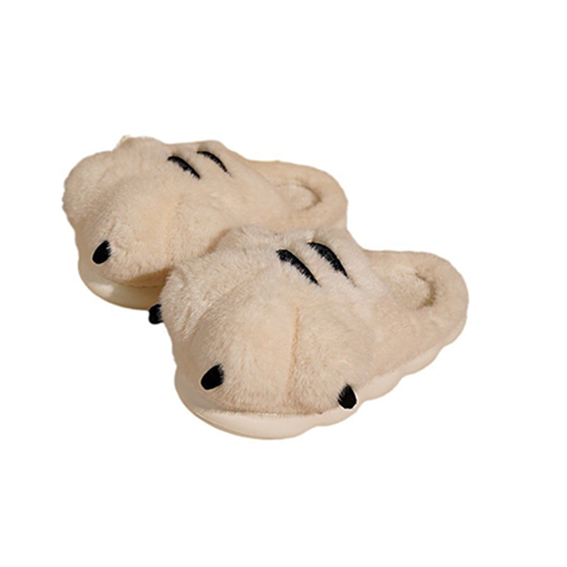 Cute white tiger paw plush slippers with black stripes and claws, fuzzy animal paw indoor shoes with EVA sole