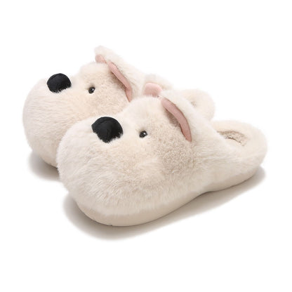 Cute white westie dog plush slide slippers with folded ears and tiny dot face, fuzzy indoor shoes