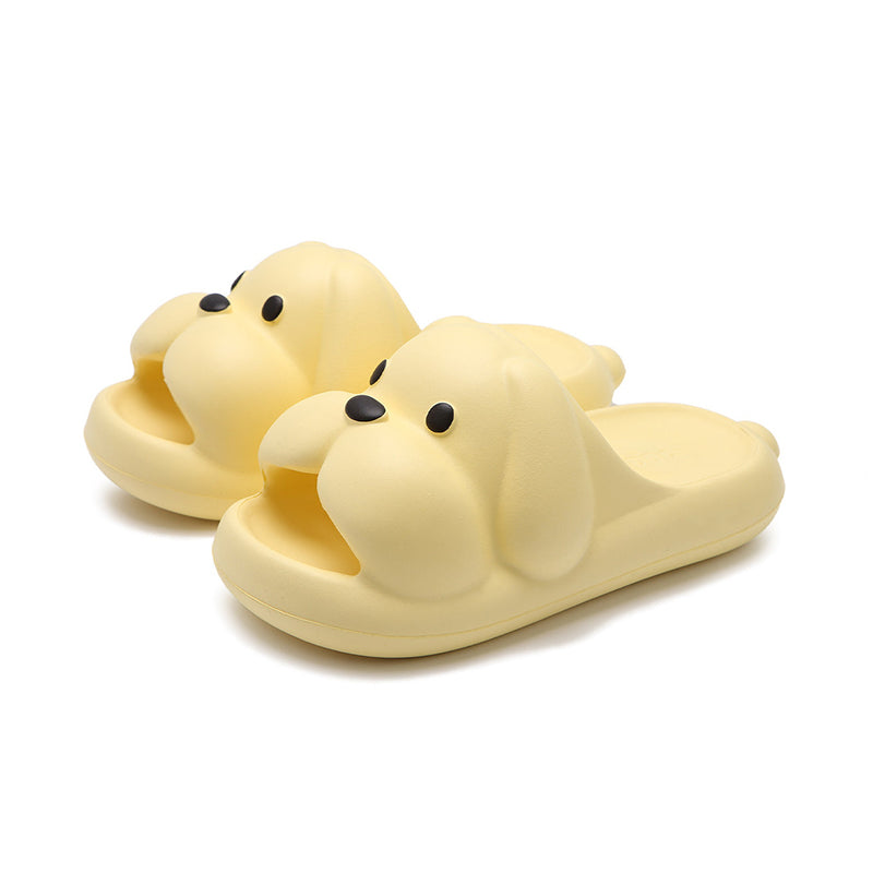 Cute yellow 3D dog EVA slide sandals with big nose and floppy ears, lightweight indoor slip-on shoes