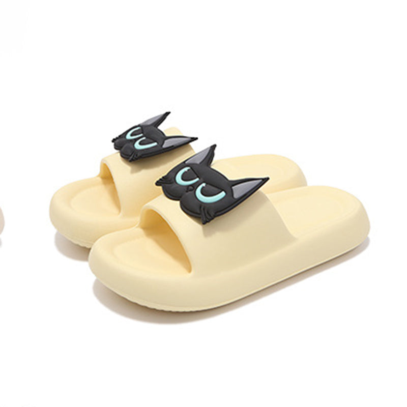 Cute yellow EVA cat face slide sandals with 3D blue eyes, summer slippers for indoor and outdoor