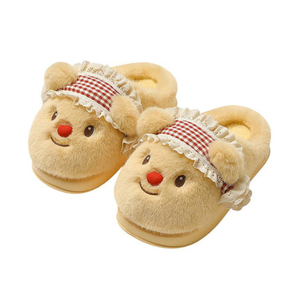 Cute yellow bear plush slippers with blue gingham hat and red nose, ruffled trim indoor shoes with EVA sole